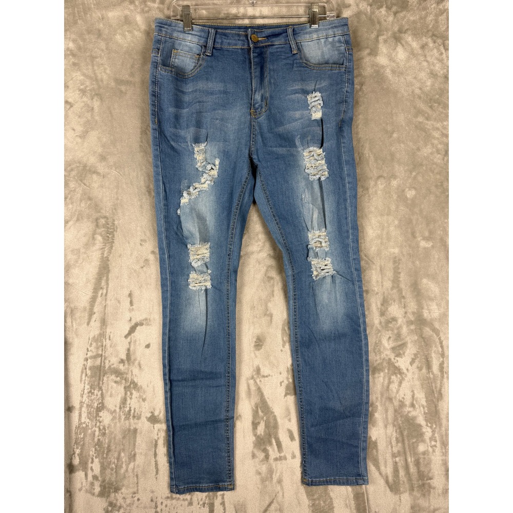 HUNGSON MJ2165 Mens Size 32 Blue Distressed Ripped Skinny Jeans Pants